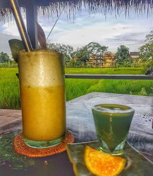 Pineapple soda and a shot of wheat grass to start the day #ubud #bali